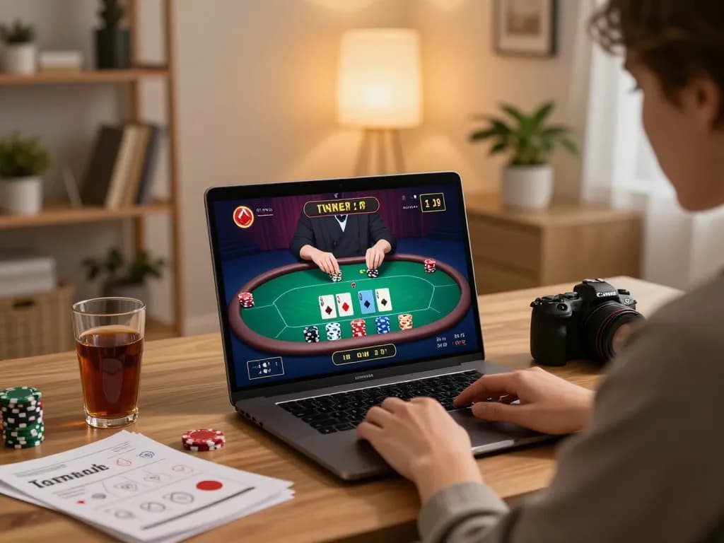 Engaging moment of a player enjoying mb66 online poker from a cozy home setup with strategic notes.