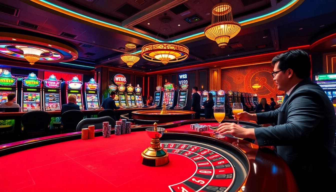 Players enjoying poker at WE88 with vibrant slot machines in a lively casino atmosphere.