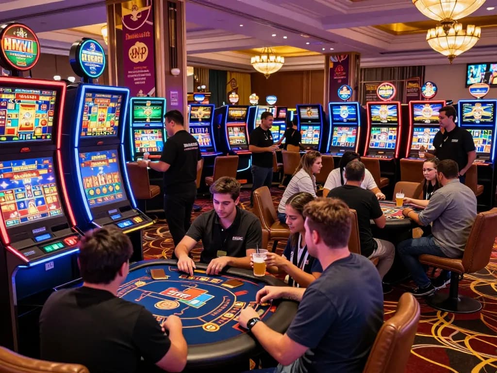 Engaged players at a Sun Win gaming platform, showcasing online gaming excitement and vibrant casino atmosphere.