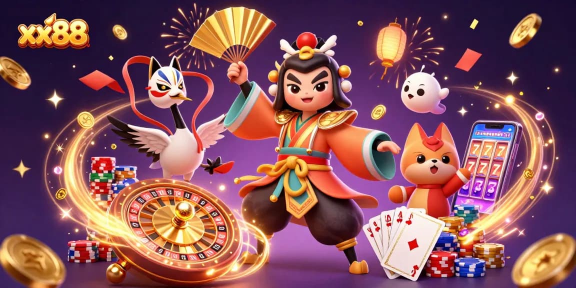 Engage with xx88's vibrant 3D casino world featuring kabuki warrior, coins, and games.