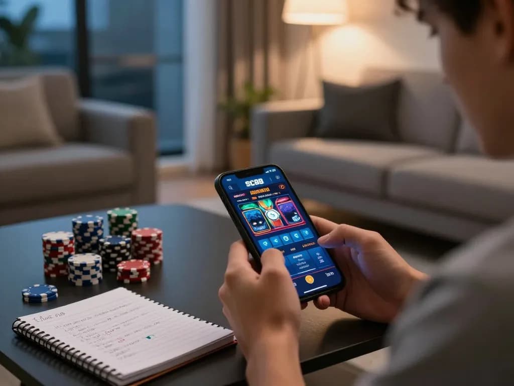 Engaging player enjoying SC88 Game on smartphone in cozy living room setting.
