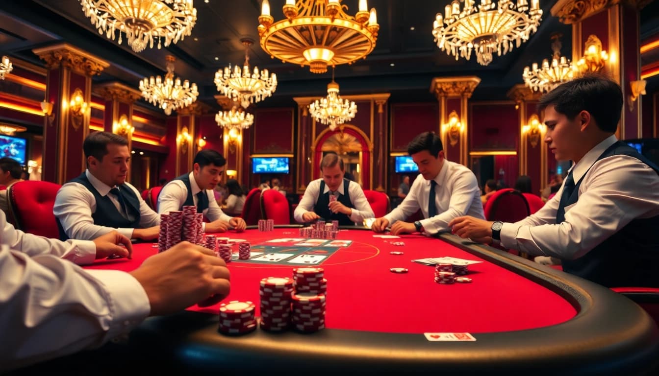 Experience professional poker gameplay at 888vina.com in a luxurious casino atmosphere.