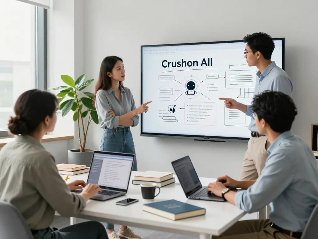 Team collaborating on Crushon AI project in modern office environment.
