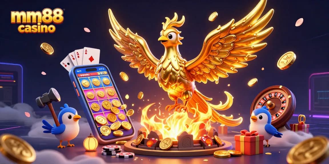Play exciting games at mm88 casino with a stunning golden phoenix emerging from golden coins.