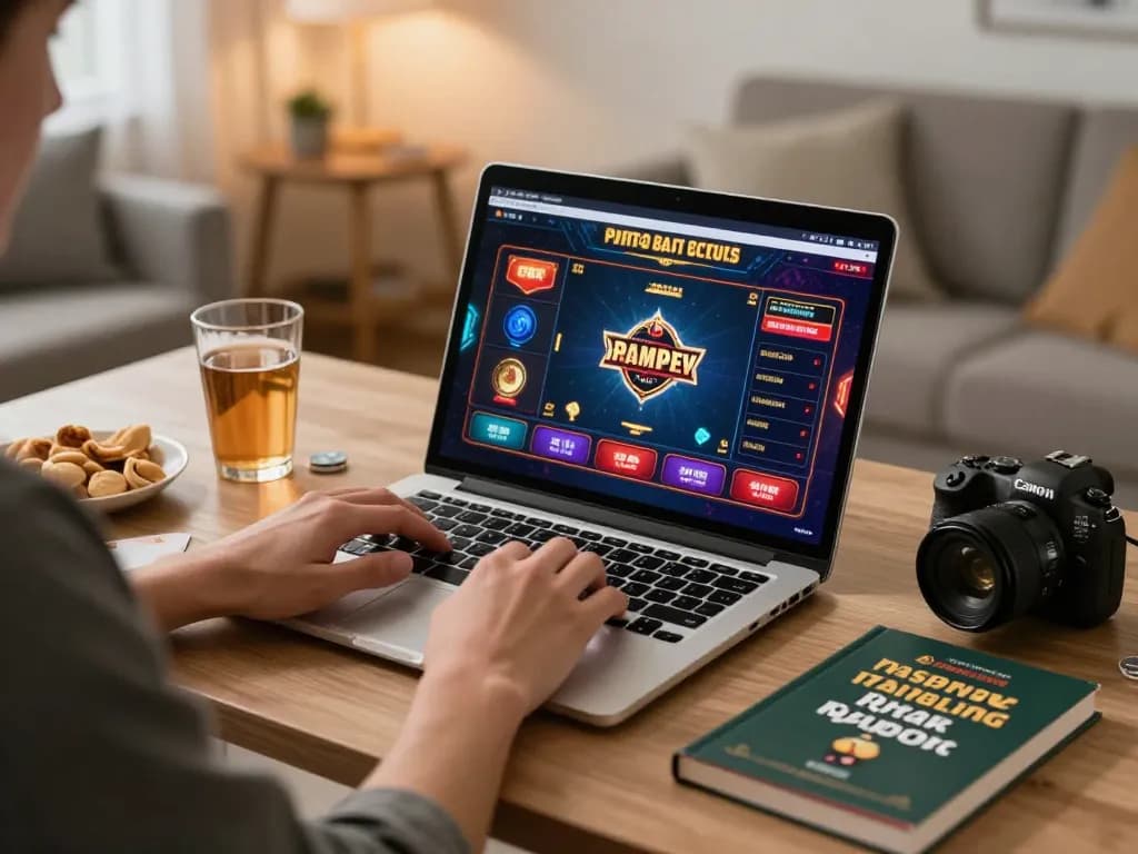 Playing poker on hytw3339 com laptop at home with snacks and drink in cozy setup.