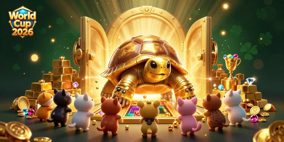 Experience the excitement of World Cup 2026 with a vivid illustration featuring a colossal golden tortoise, vibrant treasures, and rich casino elements.