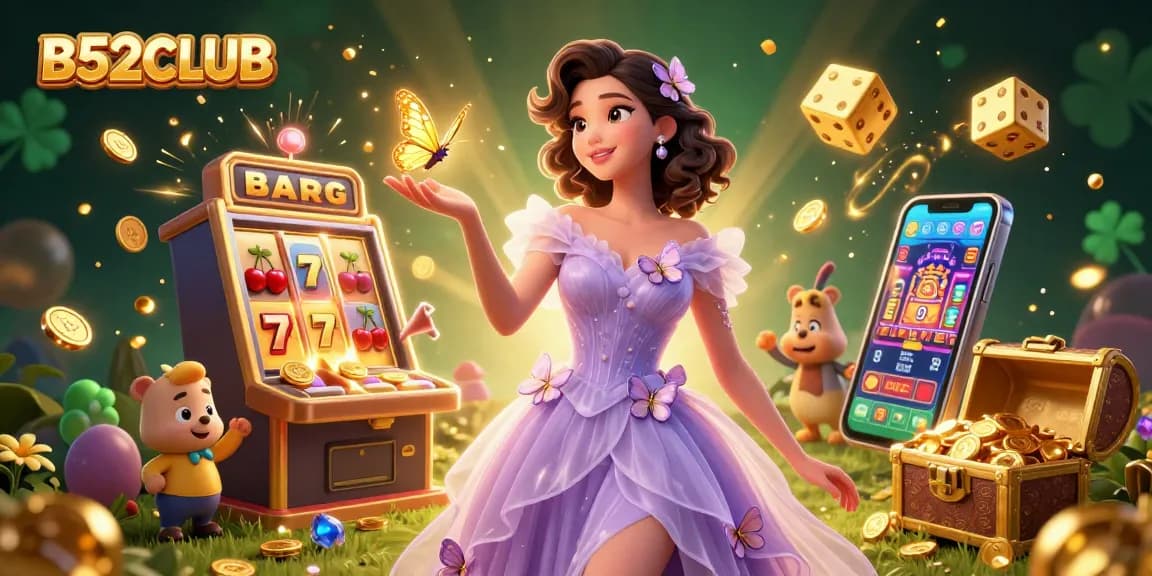 B52CLUB offers thrilling slots and casino games, featuring a stunning Asian woman amidst golden coins and jackpot symbols.