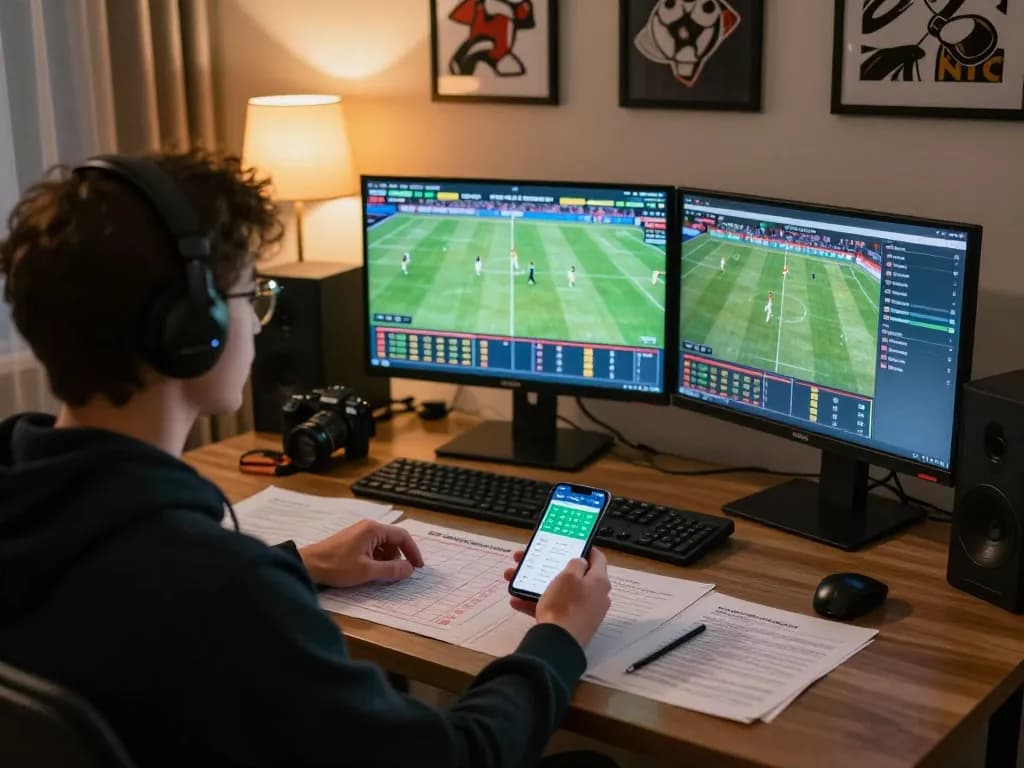 Bongdallu user analyzing live betting odds and sports data on multiple screens in a cozy home setting