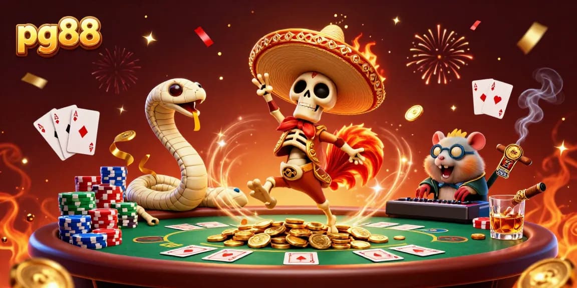 Enjoy exciting gameplay with pg88 as a cartoon skeleton celebrates amid poker chips and golden coins.