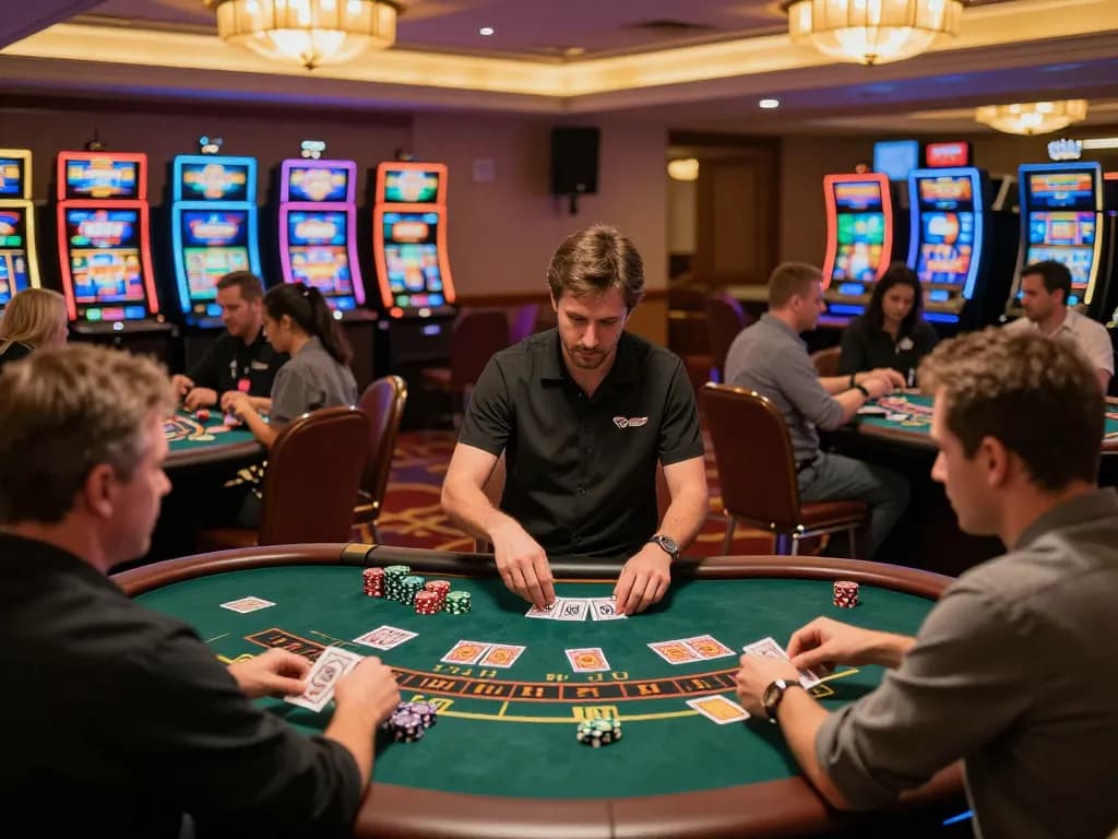 Players strategizing at the mb66 casino table amidst vibrant gaming action and ambiance.