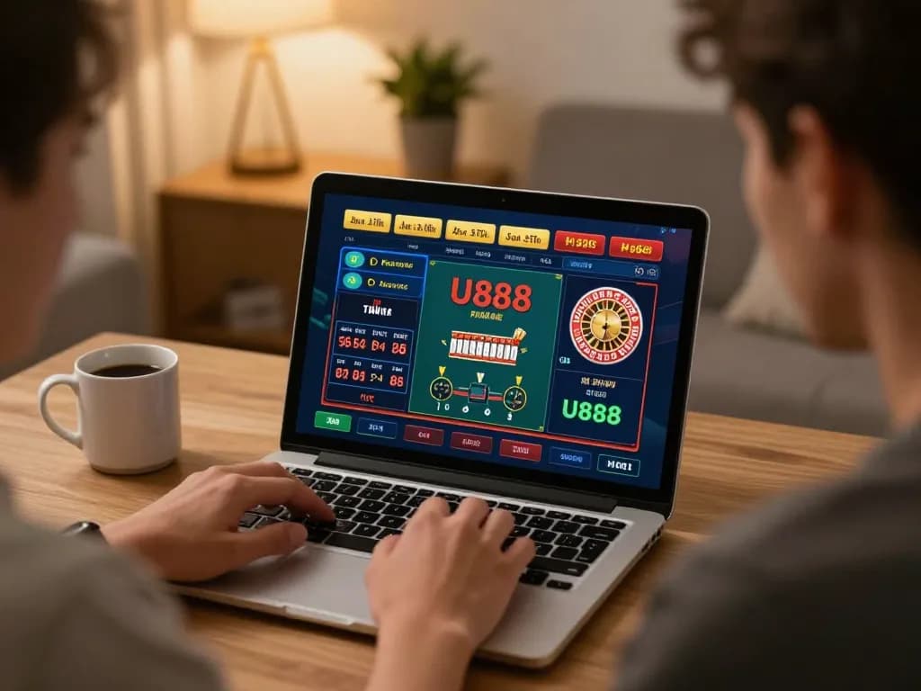Engaged player explores U888 online casino games on a laptop, highlighting strategy and responsible gambling.