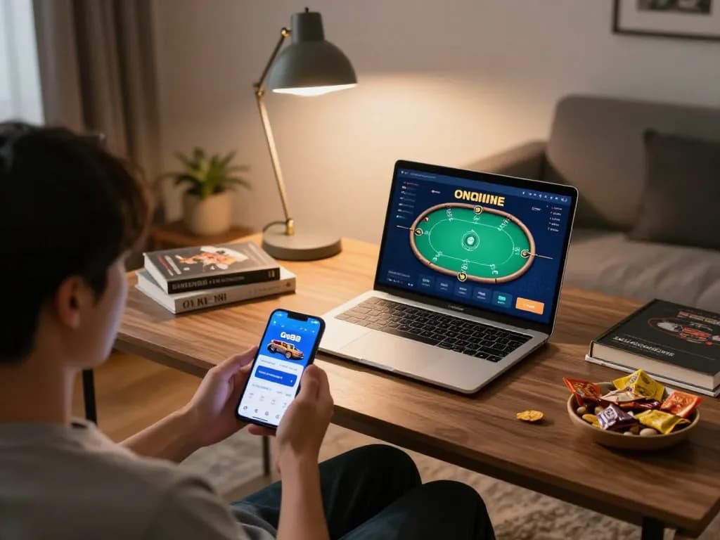 Engaging in gaming on the Go88 app while enjoying home comfort, tải go88 with smartphone and laptop displayed