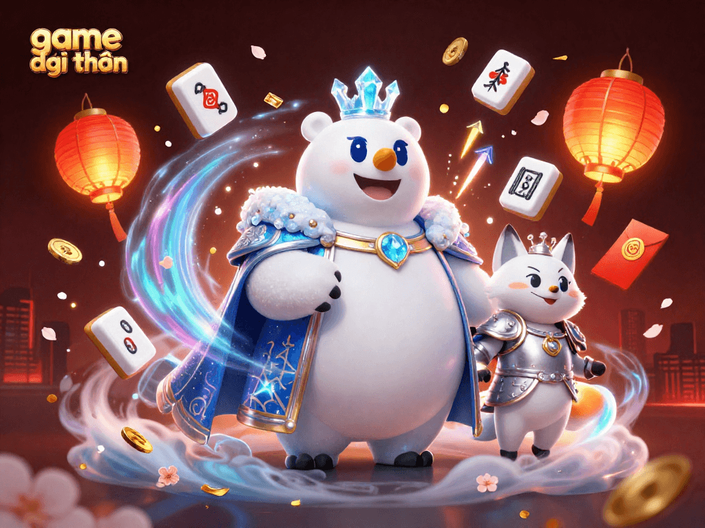 Engage in game đổi thưởng excitement with a 3D illustration featuring a polar bear and snow fox among festive elements.