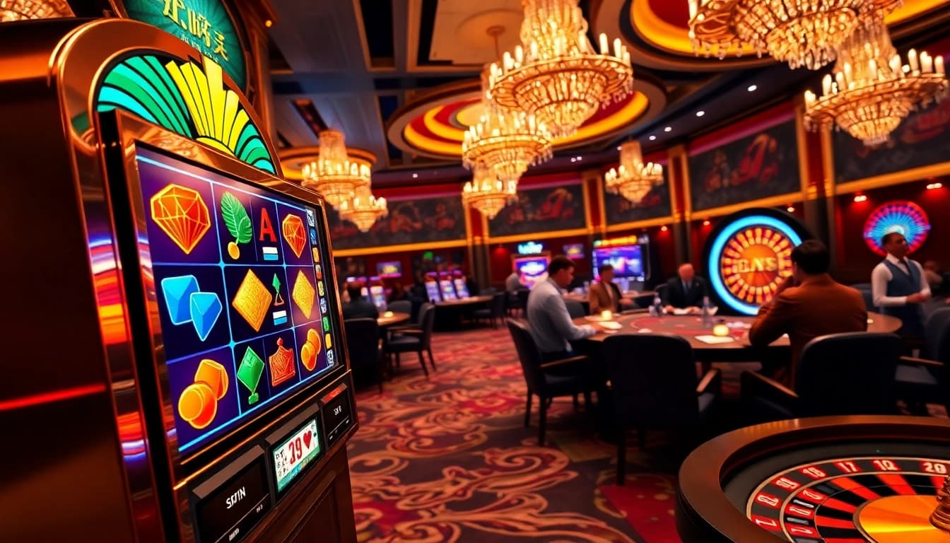 Nổ hũ Sunwin slot machine in a vibrant casino atmosphere with players enjoying games.