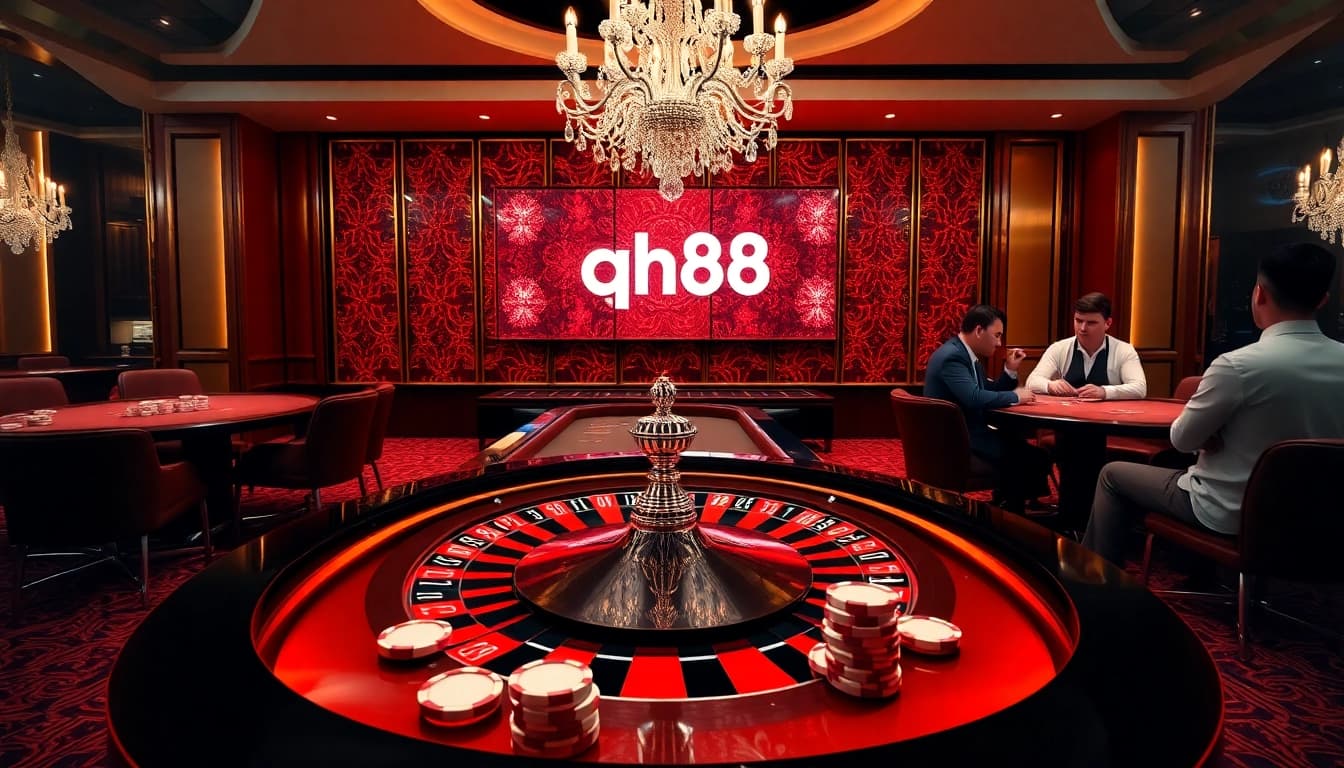 Players engaging in an exciting game at qh88 online casino with vibrant decor and betting chips.