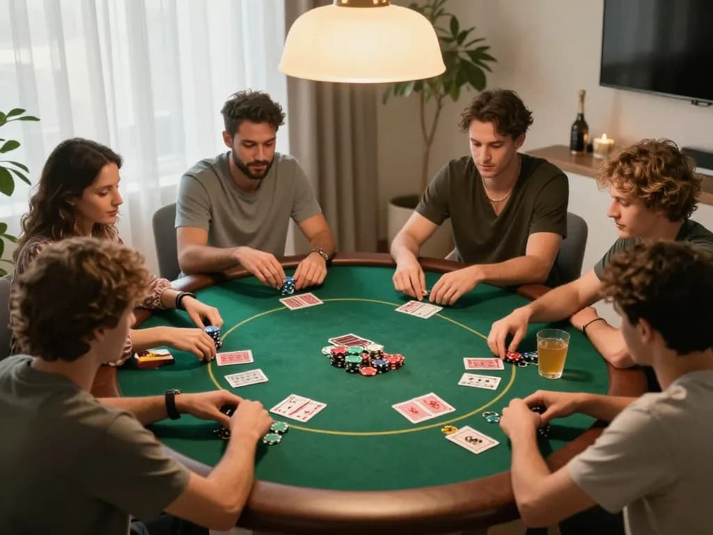 Hitclub poker night scene with friends enjoying a competitive game and sharing drinks.