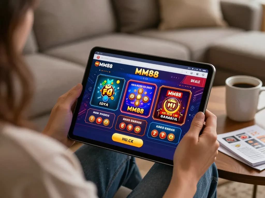 Engaged gambler using MM88 app on tablet at home with cozy ambiance.