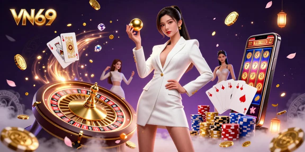 Experience VN69 with a glamorous Asian dealer in a luxurious casino setting, featuring roulette and sparkling gems.
