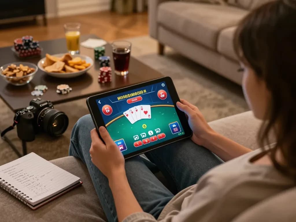 Engaged player enjoying online poker at home with b52 club tablet display and strategy notes.