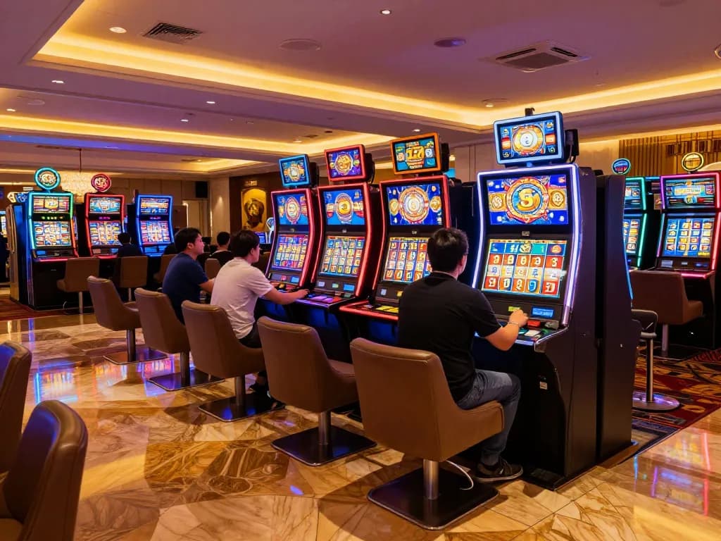 va88 players celebrating wins while engaging with colorful slot machines in an upscale casino