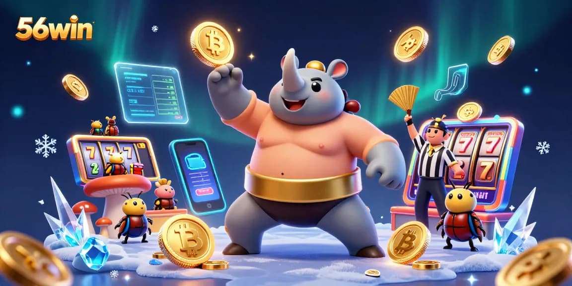 Join the thrill at 56win with a vibrant casino scene featuring dynamic characters and glowing cryptocurrency elements.