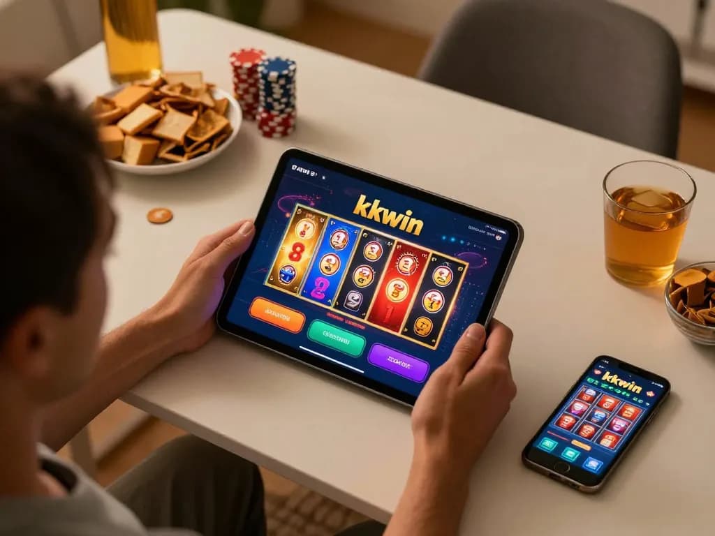 Player engaging with kkwin casino app on tablet in cozy setting.