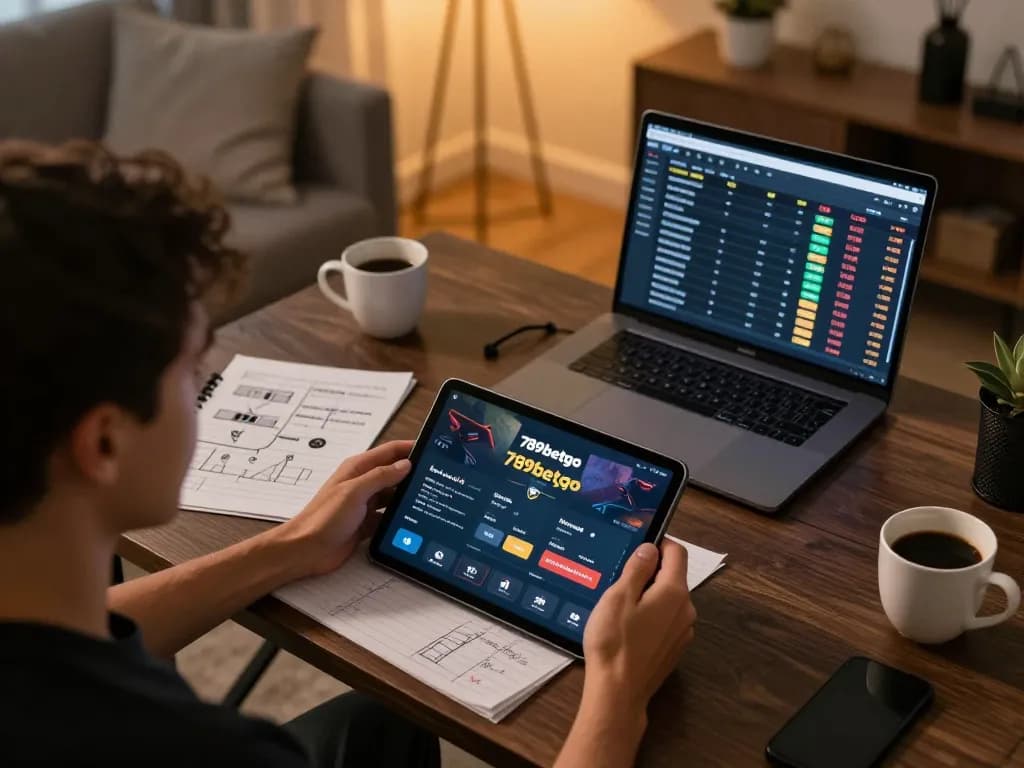 Engaged player accessing 789betgo for online casino gaming from a cozy setup with strategy notes.