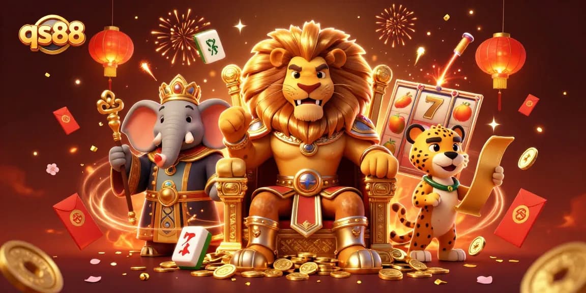 Engage with qs88's thrilling casino experience, featuring a lion king, elephant advisor, and cheetah messenger.