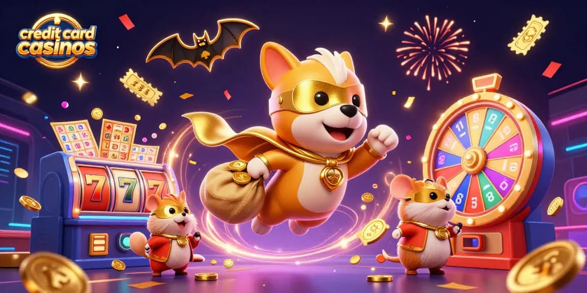 Experience thrilling gameplay at credit card casinos with our superhero duo amidst colorful slots and prizes.
