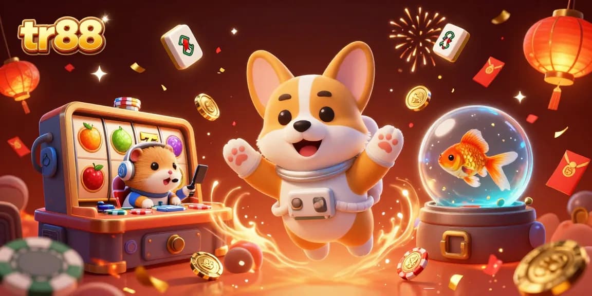 tr88 slots game scene with a floating corgi and festive elements for immersive casino experience