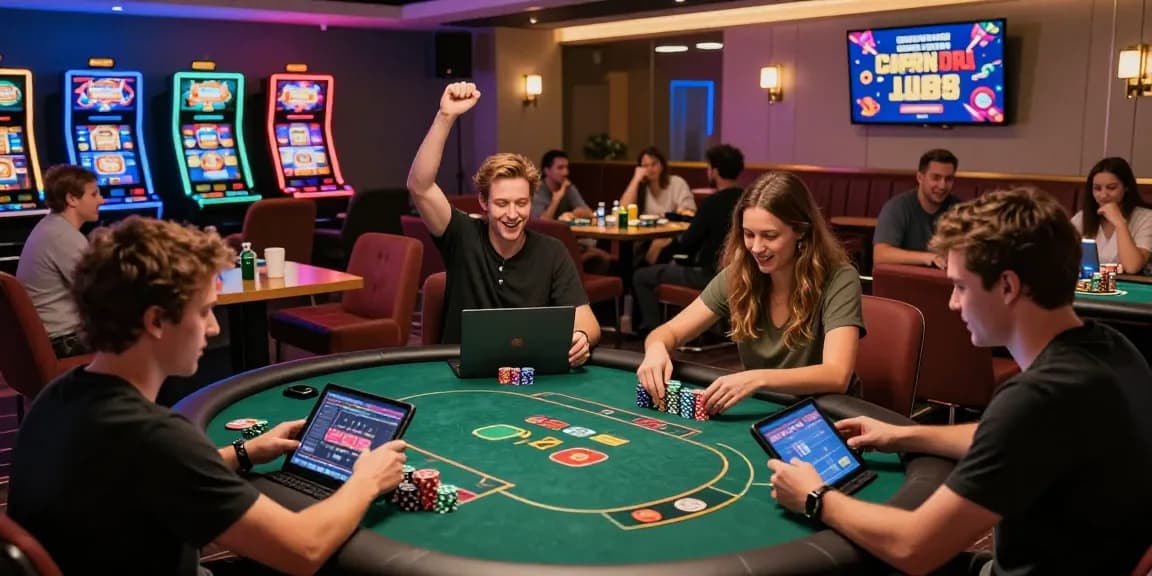 Exciting scene at a credit card casino with diverse players enjoying games, showcasing vibrant atmosphere.