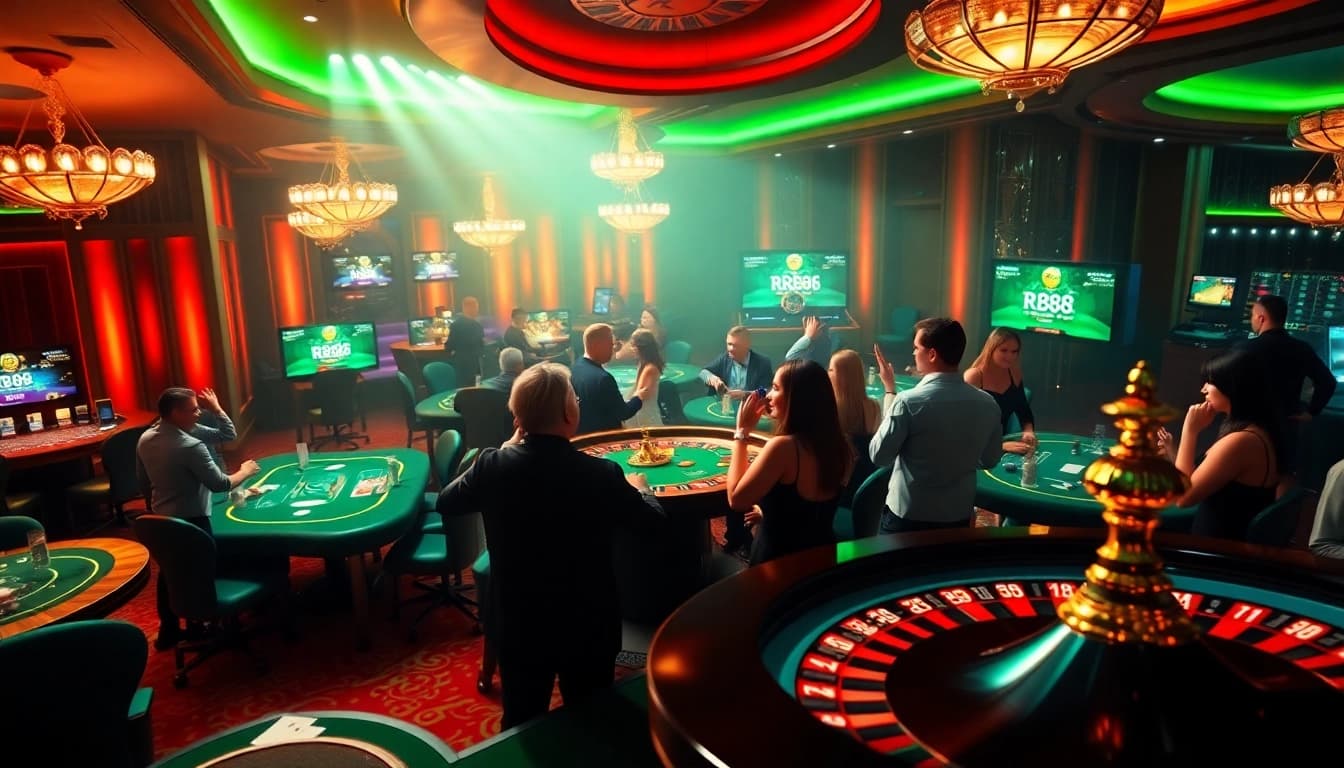 RR88 gamblers enjoying a thrilling casino experience with poker chips and roulette wheel.