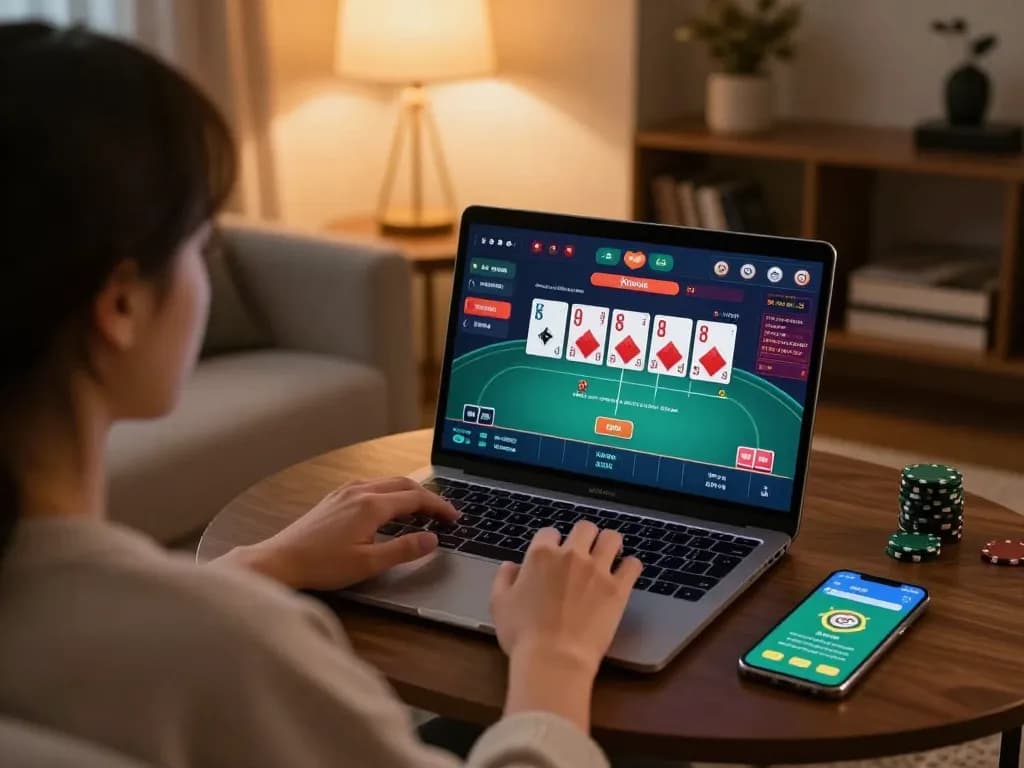 Engage with go8 online poker, showcasing strategic play in cozy home environment.