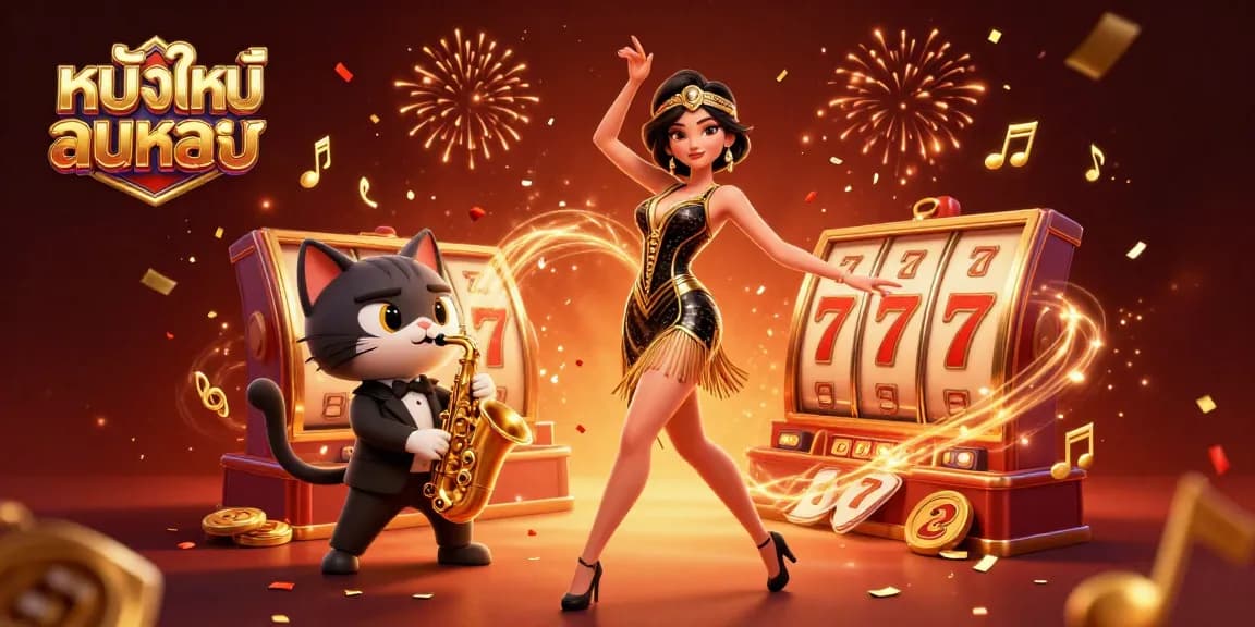 Engage in lively บันเทิง with an illustration of หนังใหม่ชนโรง featuring diverse gambling elements and vibrant characters.