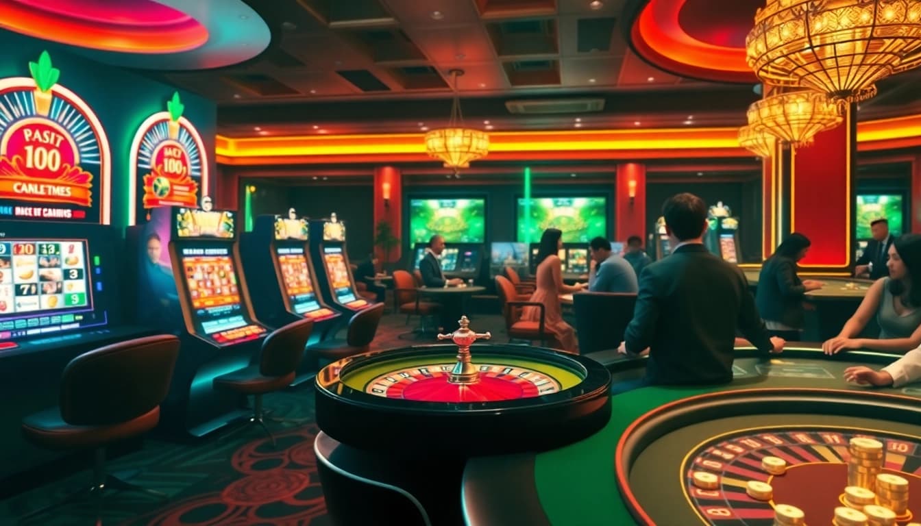 Experience nk88 at a luxurious virtual casino with vibrant slot machines and engaged players.
