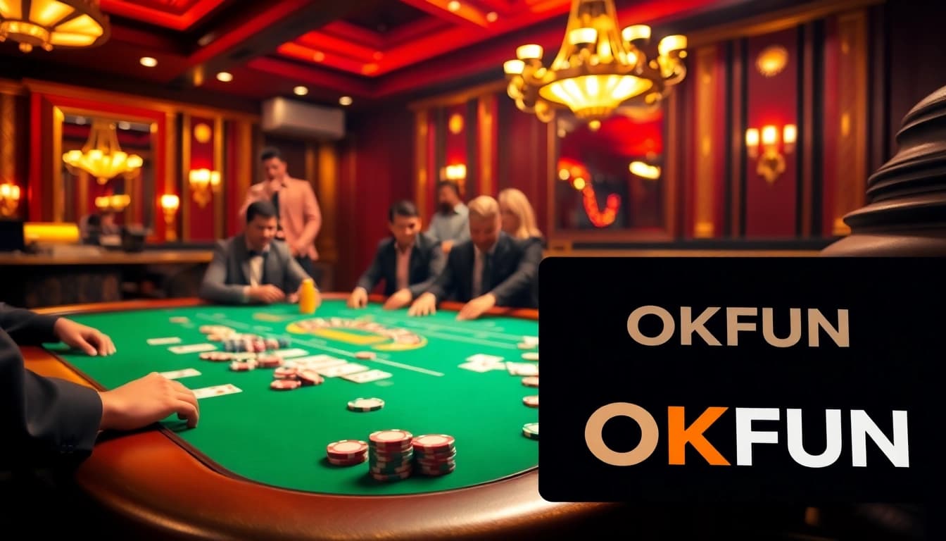 Players enjoying a thrilling game at an OKFUN casino poker table, showcasing excitement and strategy.