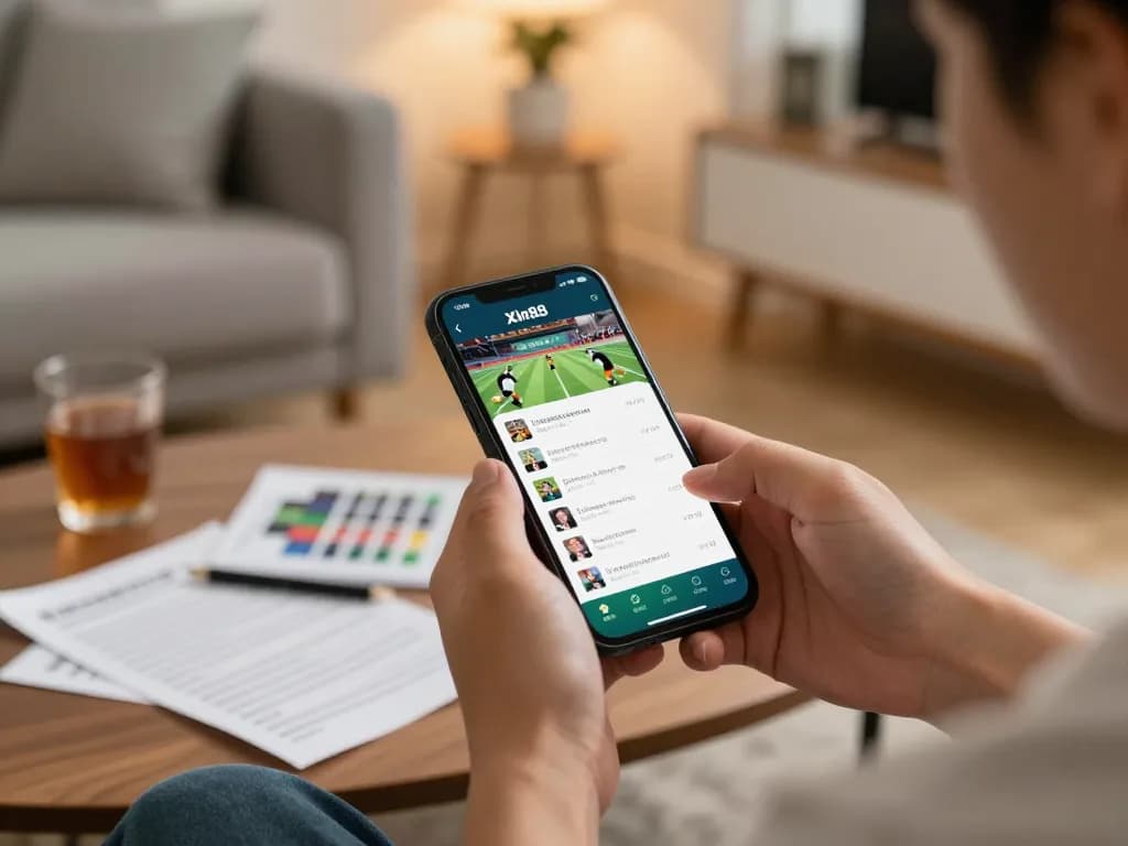 Engaged user exploring Xin88 mobile betting options in a cozy home setting, highlighting responsible gaming.