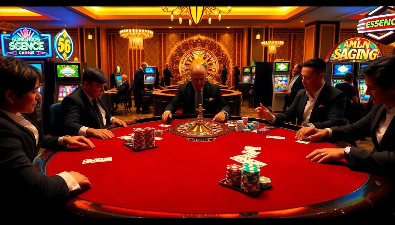 SODO66 gamblers enjoying a high-stakes poker table surrounded by vibrant chips and cards.