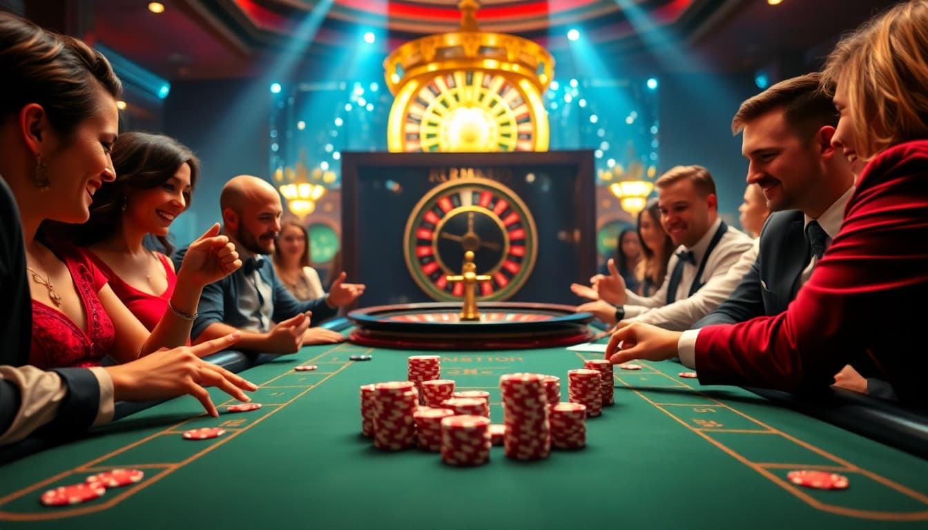 Players engaging at an RR99-themed casino table amidst luxury and excitement.