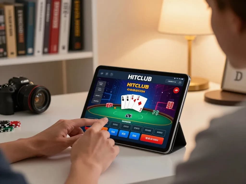 Player engaging with the HITCLUB app for online poker in a cozy home office.