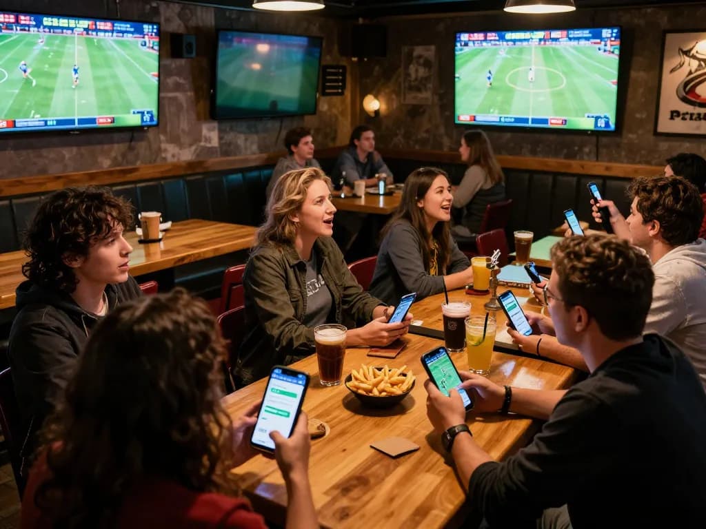 Engaged audience analyzing nhận định kèo nhà cái in a lively sports bar while betting.