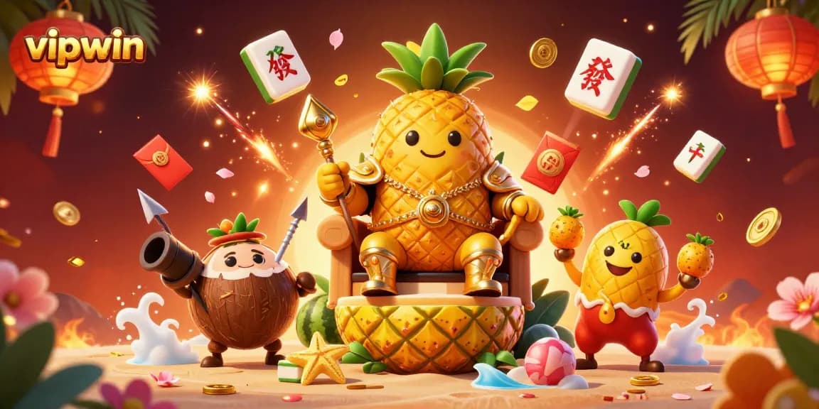 Experience thrilling gaming adventures at vipwin with a vibrant 3D scene featuring a pineapple king, surrounded by dynamic casino elements.