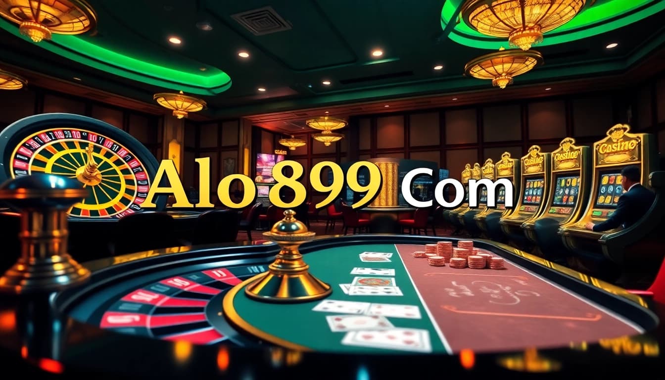 A thrilling gambling scene featuring Alo789 Com, showcasing roulette wheels, poker tables, and vibrant slot machines.