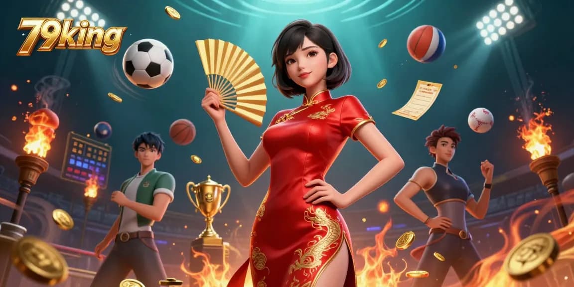 Experience thrilling wins with 79king in this vibrant Asian casino scene filled with gold coins, sports elements, and luck.