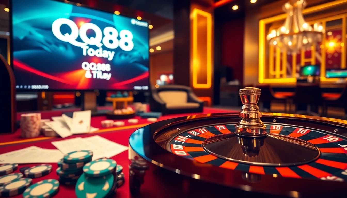 Winning at QQ88 Today with poker chips and a roulette wheel in a lavish casino environment.