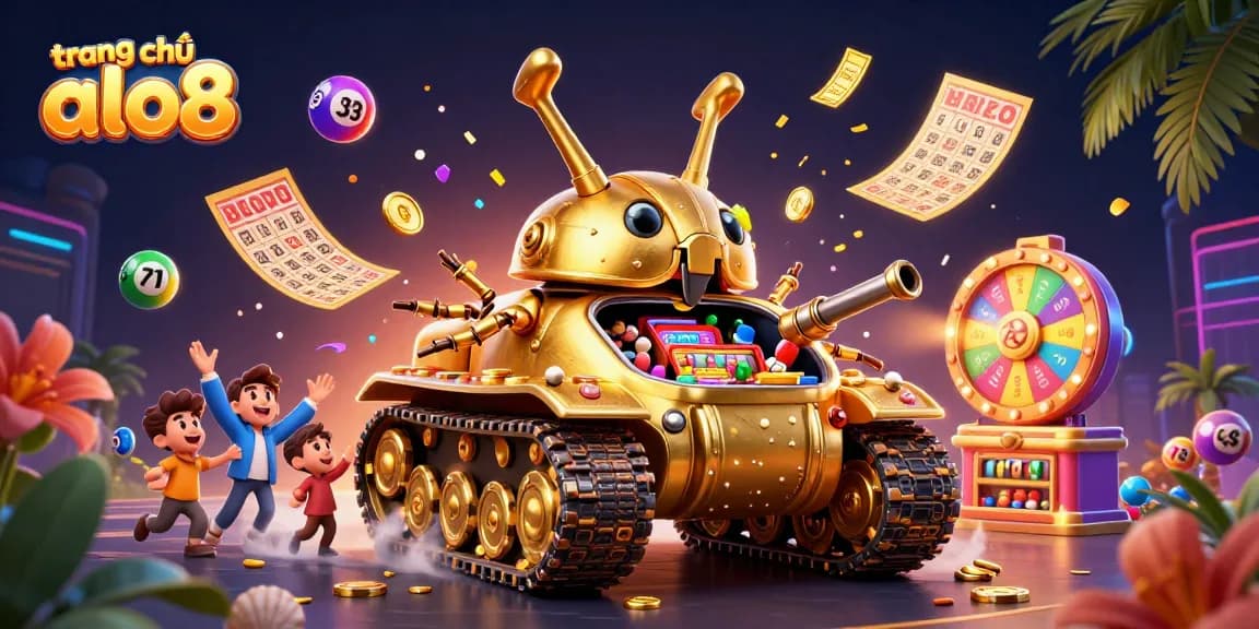 Experience the excitement at trang chủ alo8 with an illustrated 3D casino scene featuring vivid lottery elements.