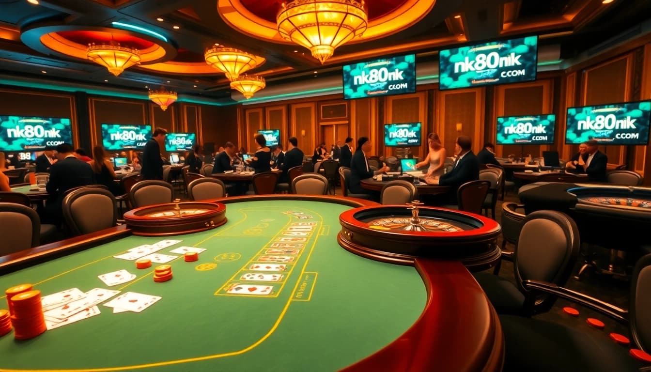 An engaging image of casino excitement with nk88nk.com featuring poker chips, cards, and roulette wheels.