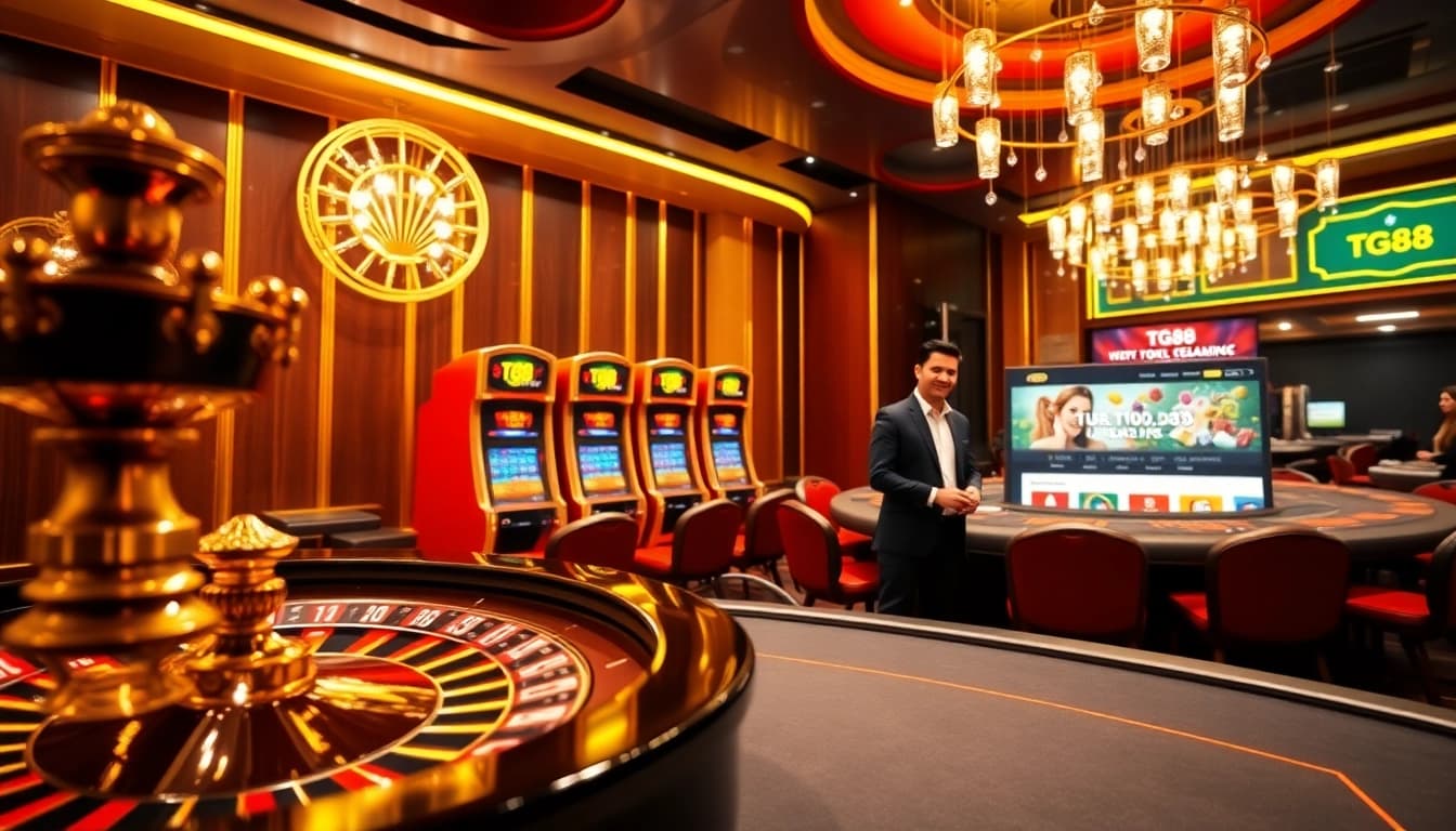 Playing games at https://jtg88.com/ with luxurious slot machines and a roulette wheel scene.