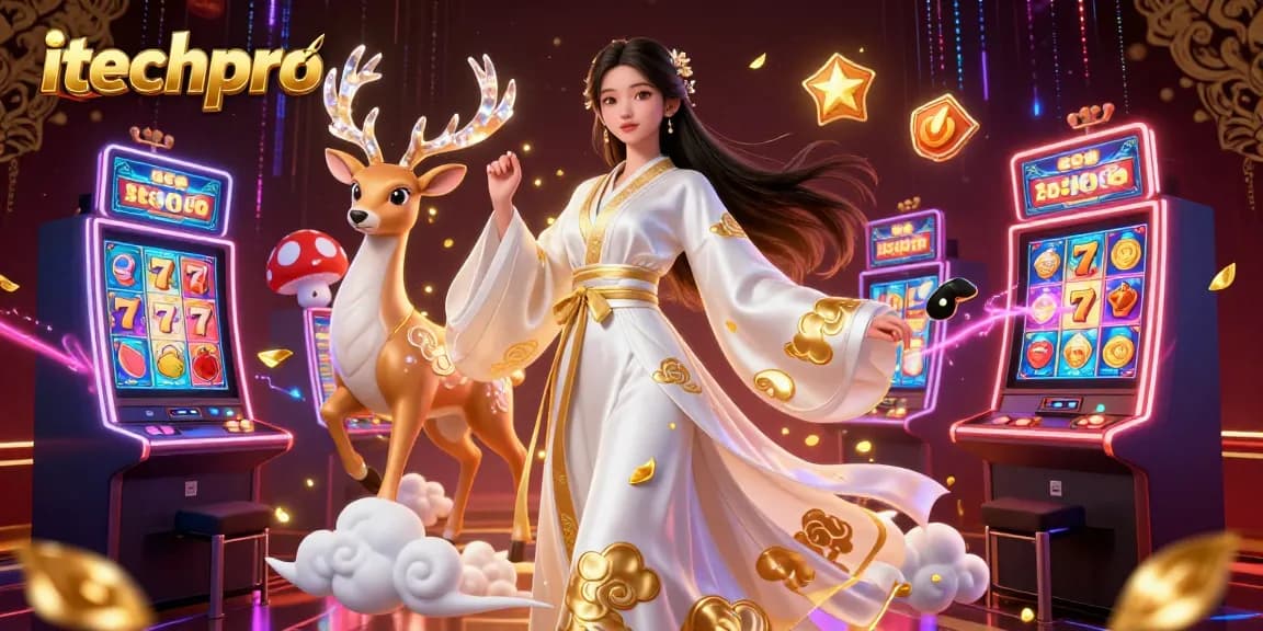 Engage with itechpro slot machines adorned with vibrant symbols in a luxurious casino illustration.