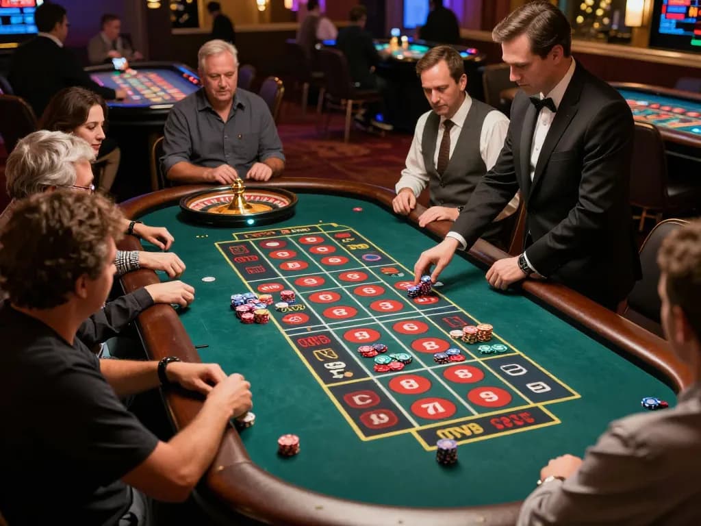 Players betting at a roulette table at 78wingo casino with vibrant ambiance and spinning wheel